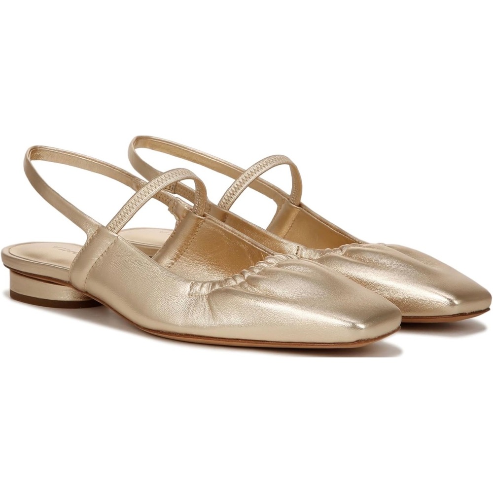Vince Gold Metallic Leather Slingback Mary Jane Square Toe Ruched Ballet Flats